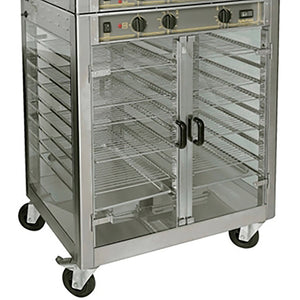 Equipex RE-2 electric chicken rotisserie warmer for RBE-25, stainless steel with glass doors and racks, close-up