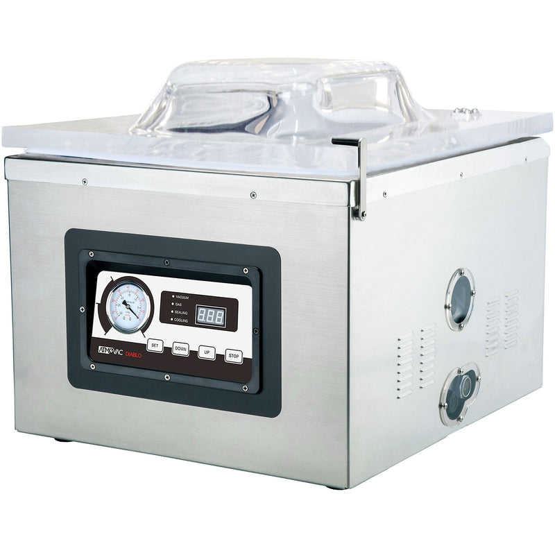 Eurodib Atmovac DIABLO17D countertop chamber vacuum sealing machine in stainless steel with clear lid and gauge