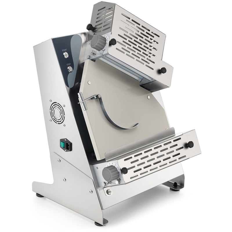 Eurodib P-ROLL-320/2+ double pass stainless steel dough sheeter with 13-inch rollers and side motor vent, angled view