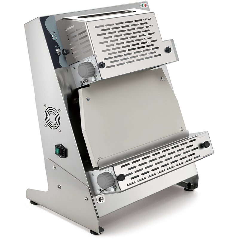 Eurodib P-ROLL-420/2-RP+ double pass stainless steel dough sheeter with 17-inch rollers and perforated guards, angled