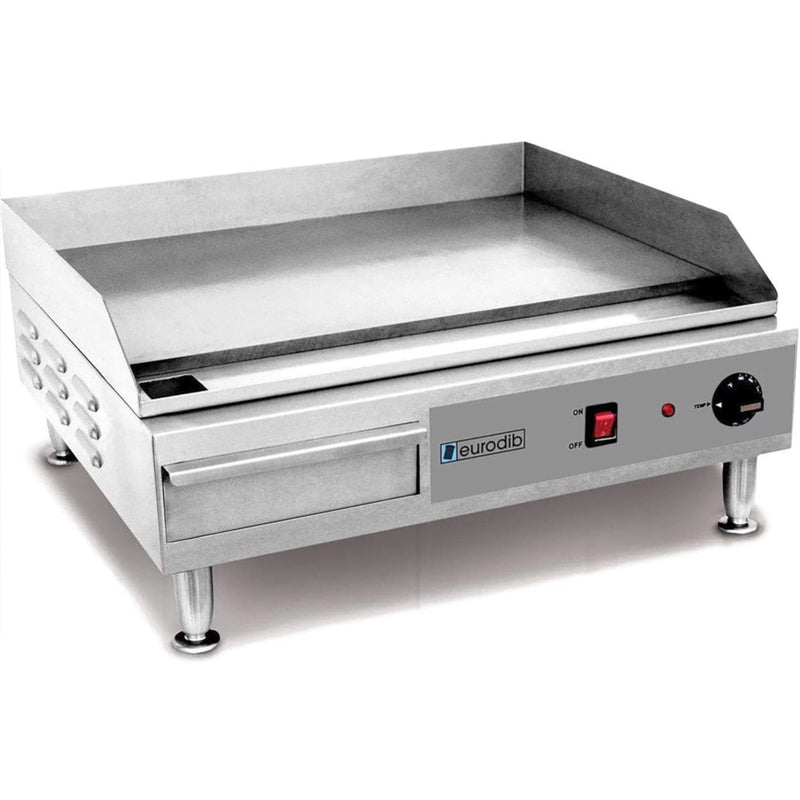 Eurodib SFE04900 24-inch electric countertop griddle, 220V, stainless steel with front knob and grease drawer