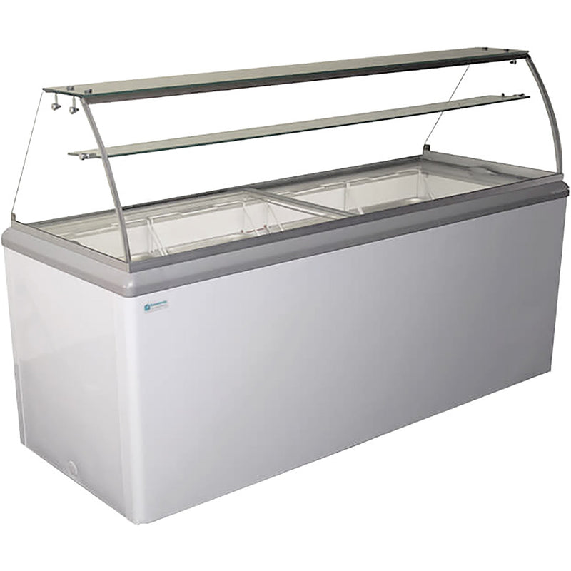 Excellence HBD-8HC 52-inch ice cream dipping freezer for 8 tubs, white cabinet with curved glass display canopy