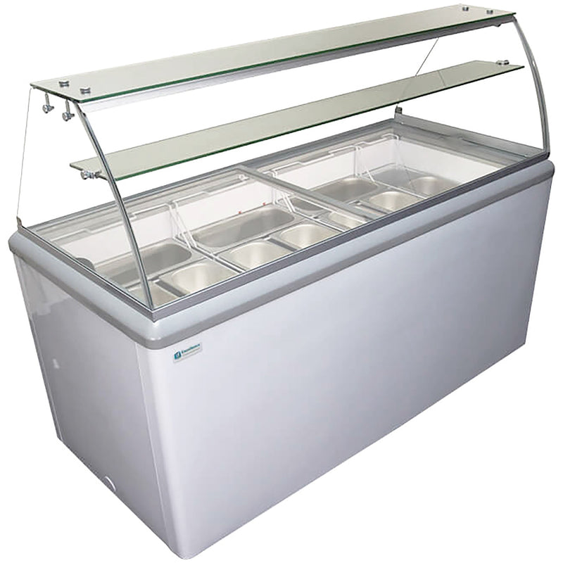 Excellence HBG-9HC 52-inch gelato dipping freezer for 9 pans, white cabinet with stainless pans and curved glass