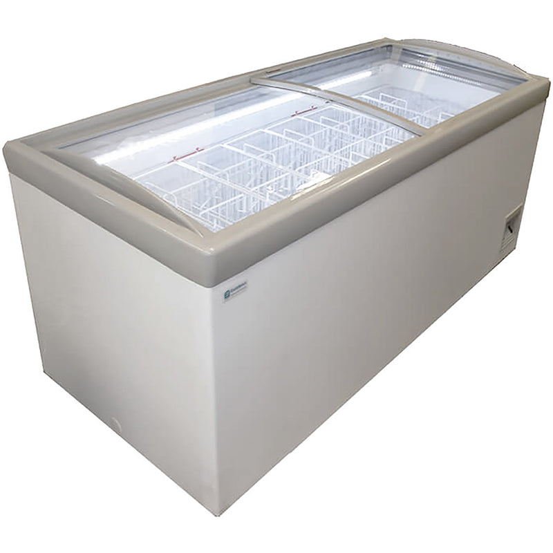Excellence HM-23HC 74-inch island display chest freezer, white cabinet with curved sliding glass lids, angled view