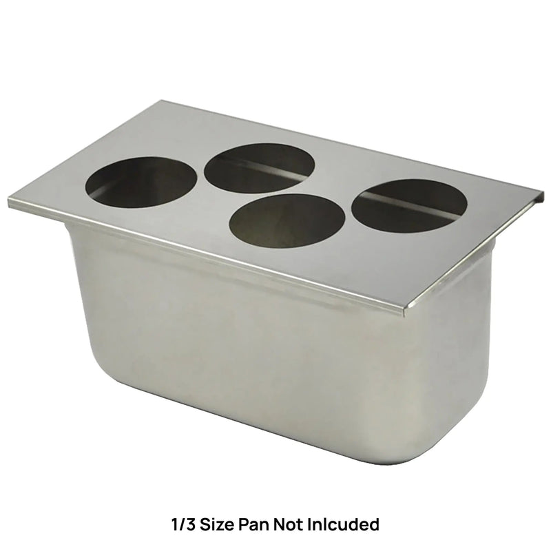 FIFO stainless steel bottle organizer lid with four large openings shown on a 1/3 size pan, pan not included
