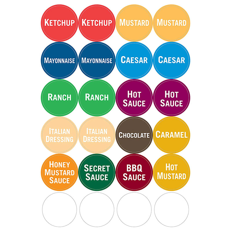 FIFO label sheets with colour-coded round sauce labels such as ketchup, mustard, mayonnaise, ranch and BBQ