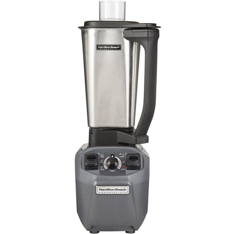 Hamilton Beach HBF510 Expeditor culinary blender/food processor shown with a stainless steel container on the base