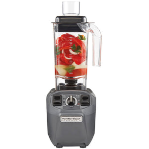 Hamilton Beach HBF510 Expeditor culinary blender/food processor in grey with 48 oz clear jar of tomatoes, front