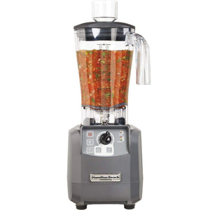 Hamilton Beach HBF600R Expeditor 64 oz culinary blender with clear container of blended vegetables, front