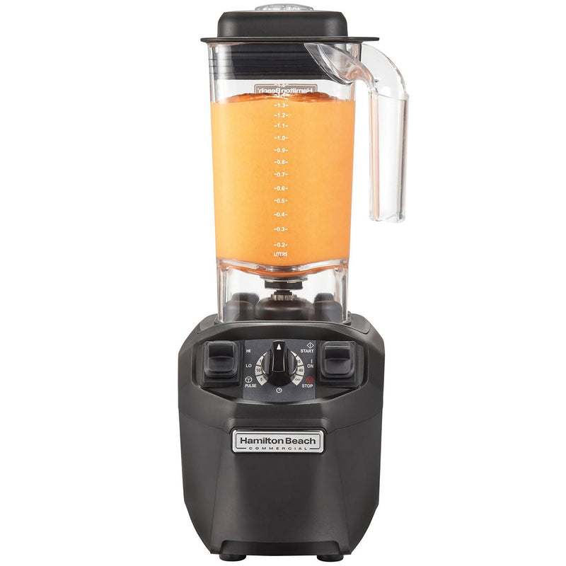 Hamilton Beach HBH455 Tango commercial blender in black with a 48 oz clear jar of orange smoothie, front view