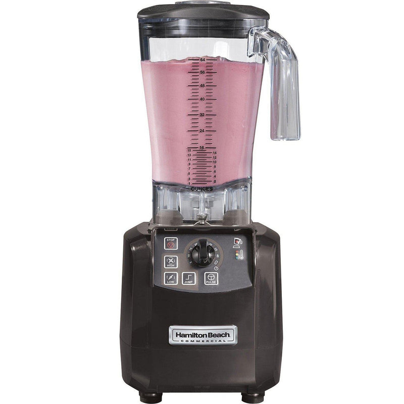 Hamilton Beach HBH650R The Tempest 64 oz commercial blender with clear container of pink smoothie, front view