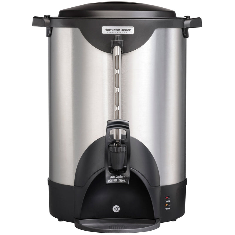 Hamilton Beach HCU075S insulated 75 cup coffee/tea percolator in stainless steel with black base, front view