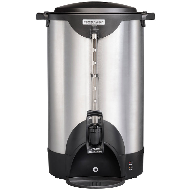 Hamilton Beach HCU100S insulated 100 cup coffee/tea percolator in stainless steel with black handles, front view