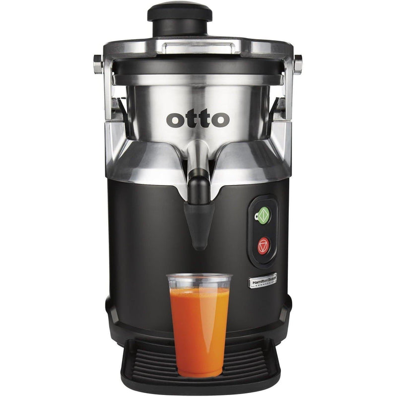 Hamilton Beach HJE960 commercial electric juicer in black and stainless steel with a glass of carrot juice, front