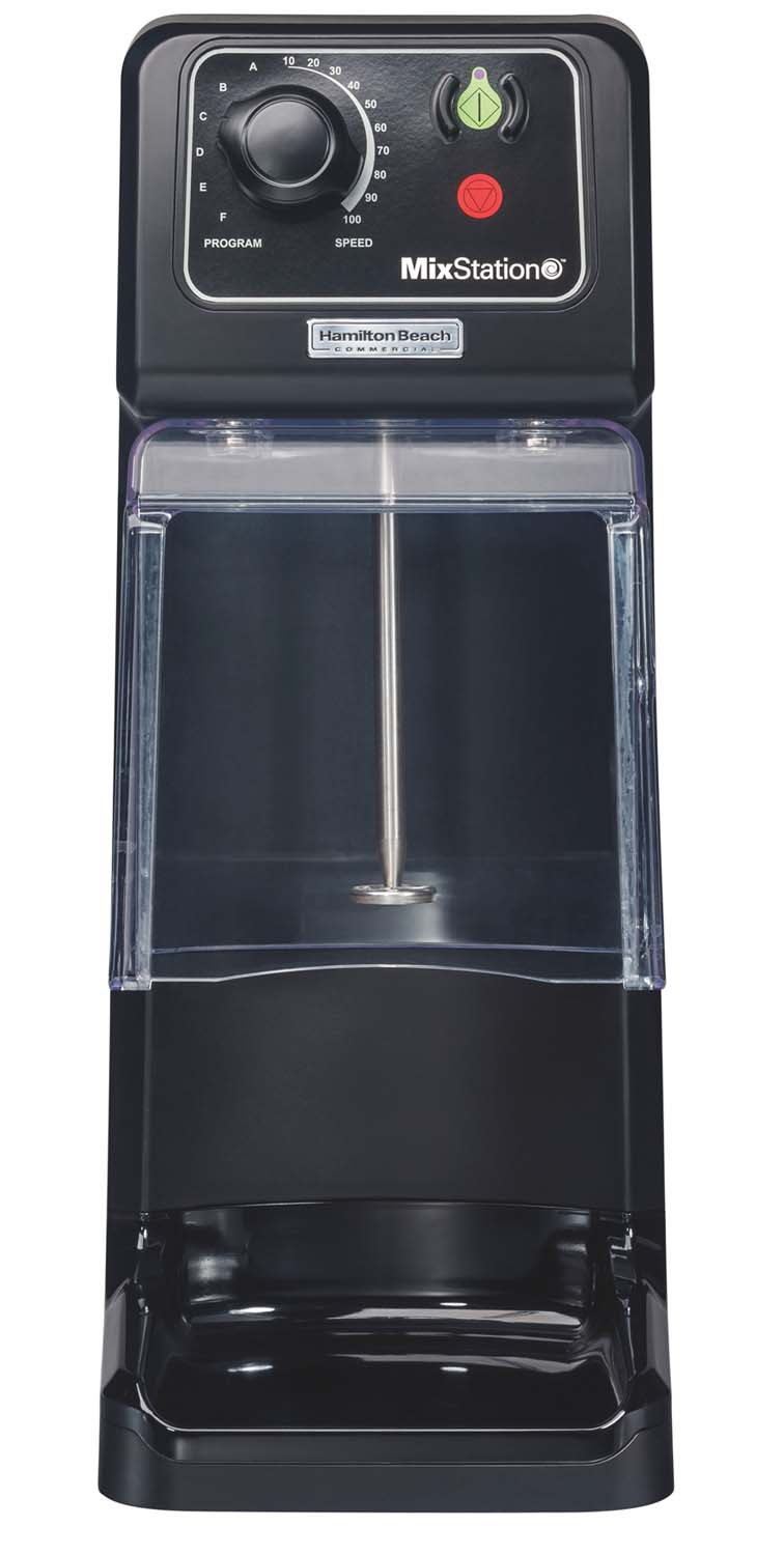 Hamilton Beach HMD1000 heavy-duty MixStation manual drink mixer in black with clear splash shield, front view