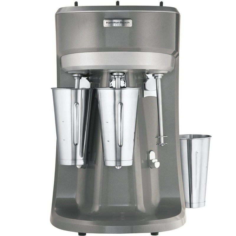 Hamilton Beach HMD400 series triple-spindle drink mixer in grey with three stainless steel cups, front view