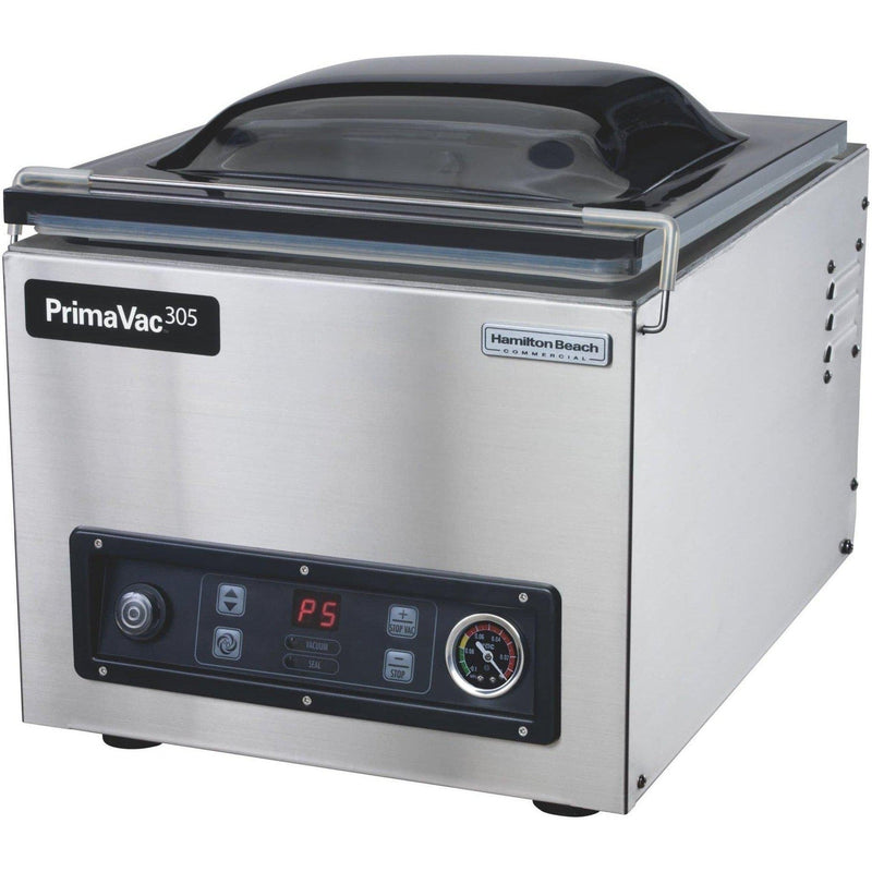 Hamilton Beach HVC305 chamber vacuum sealing machine in stainless steel with clear lid and digital panel, front