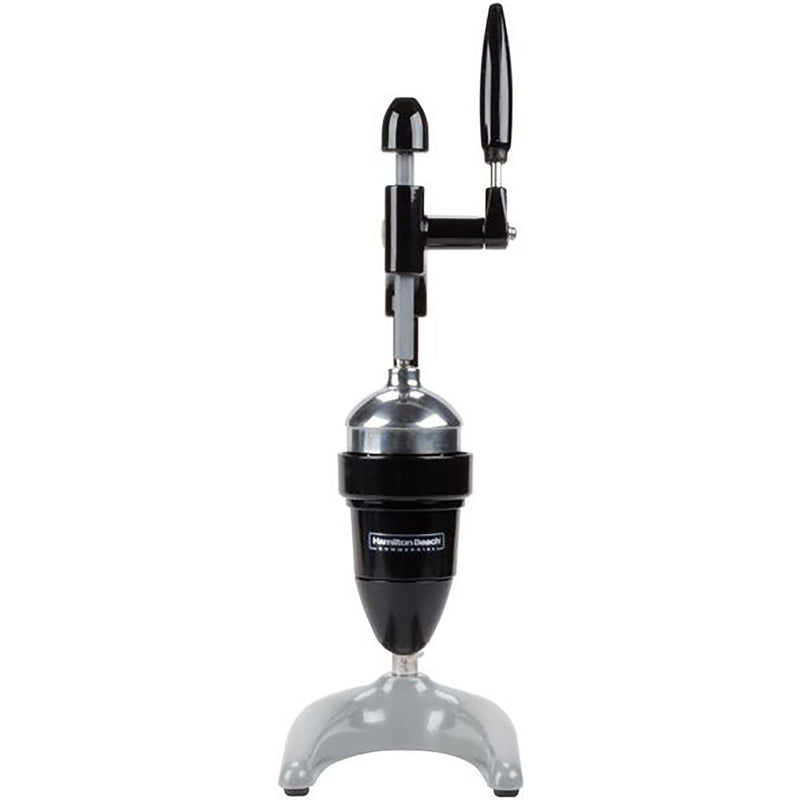 Hamilton Beach model 932 manual juicer with black lever handle, black juice cone and silver base, side view