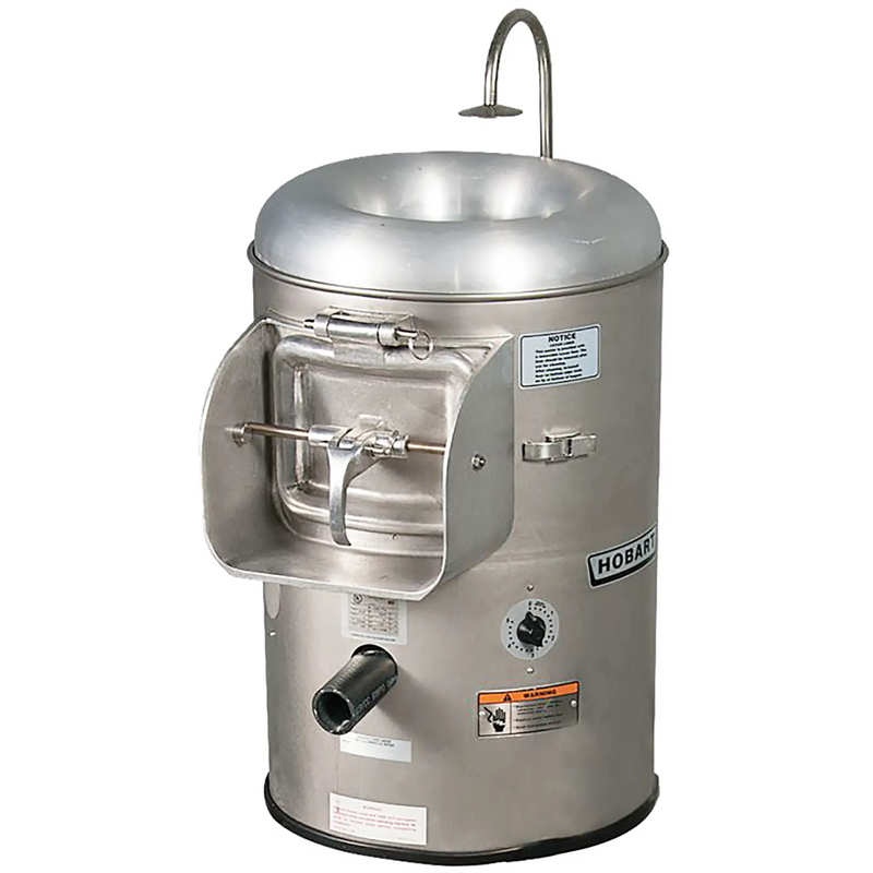 Hobart 6115 15 lb electric potato peeler, stainless steel cylinder with water inlet pipe and front discharge door