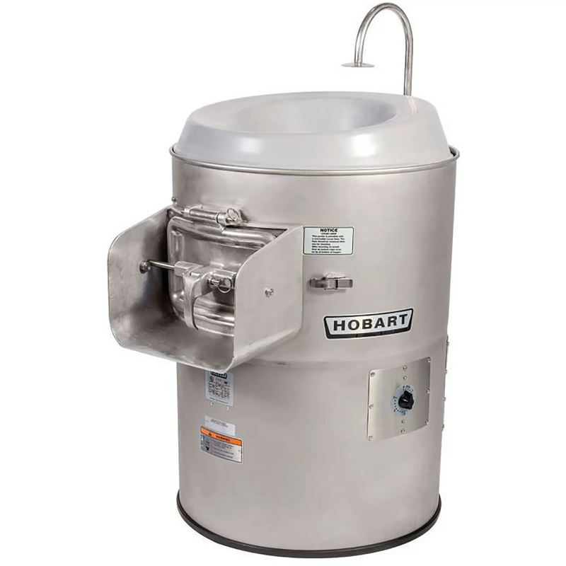 Hobart 6430/6460 electric potato peeler, stainless steel drum with water inlet, side discharge door and Hobart badge