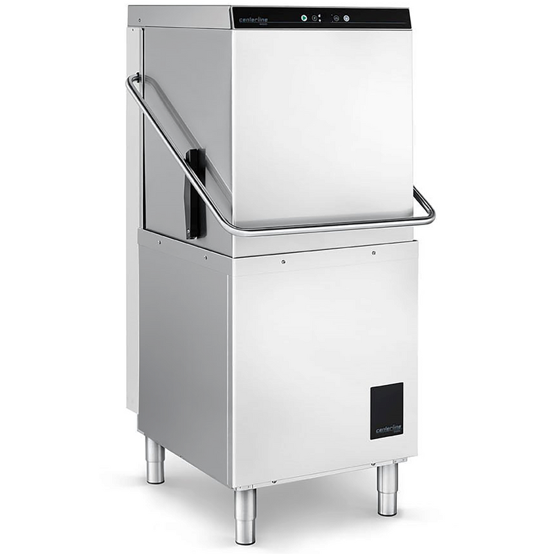 Hobart Centerline CDH-1/CDL-1 hood type pass through dishwasher, stainless steel with hood lowered, angled front view