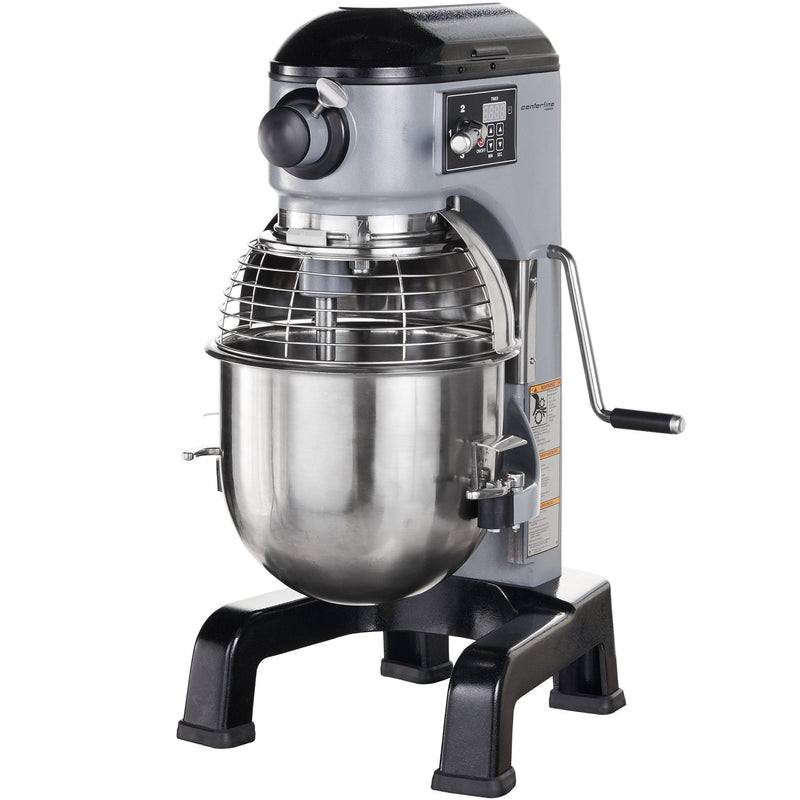 Hobart Centerline HMM20-1STD 20 qt commercial planetary mixer, grey body with stainless bowl and black base, angled