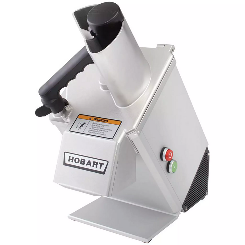 Hobart FP100 continuous feed food processor with aluminum feed head, discharge chute and front switches, angled view