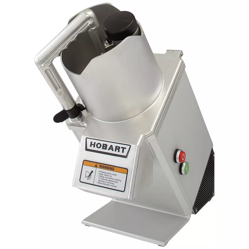 Hobart FP150 continuous feed food processor with aluminum housing, feed head and pusher handle, angled side view