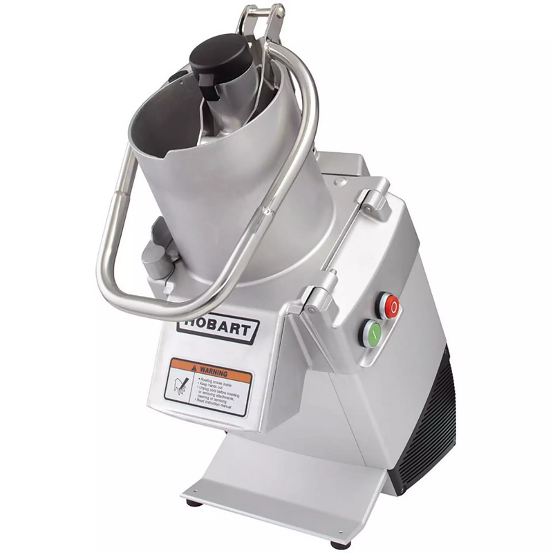 Hobart FP250 continuous feed food processor with aluminum body, curved feed head handle and black side chute, angled