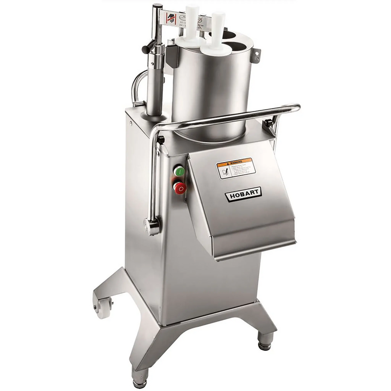 Hobart FP400i continuous feed food processor, stainless steel floor unit on casters with tall feed hopper, angled view