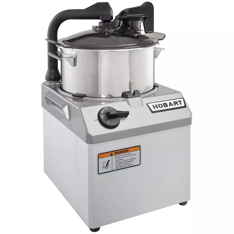 Hobart HCM6-Series 6 qt bowl style food processor with stainless bowl, locking lid and grey base, front angled view