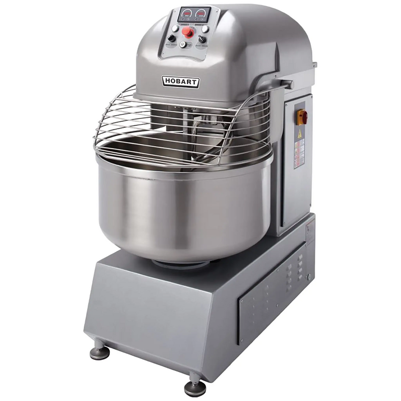 Hobart HSL180 dual speed 150 qt commercial spiral mixer, grey body with stainless steel bowl and wire guard, angled