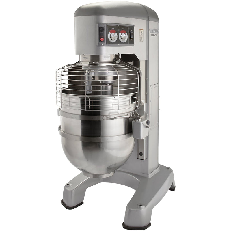 Hobart Legacy HL1400-1STD 140 qt commercial planetary floor mixer with large stainless bowl and wire guard, angled