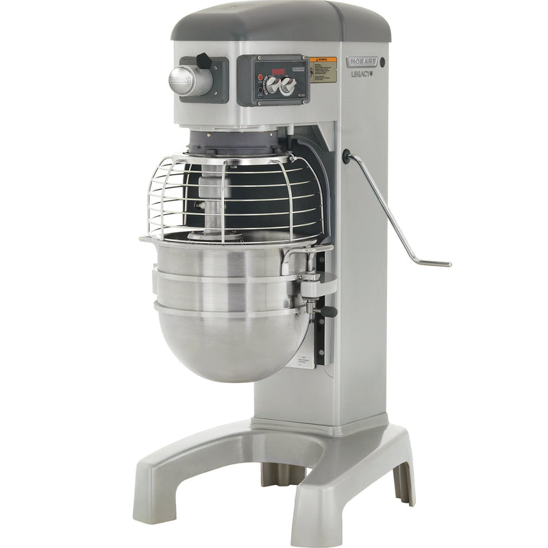 Hobart Legacy HL300-1STD 30 qt commercial planetary mixer, grey pedestal body with stainless bowl and guard, front view
