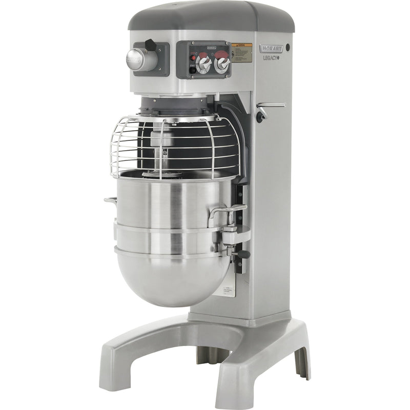 Hobart Legacy HL400-1STD 40 qt commercial planetary floor mixer, grey body with stainless bowl and wire guard, angled