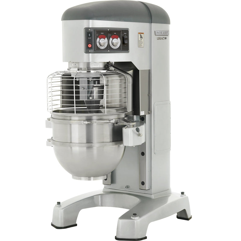 Hobart Legacy HL800-1STD 80 qt commercial planetary floor mixer, grey body with stainless steel bowl and guard, angled