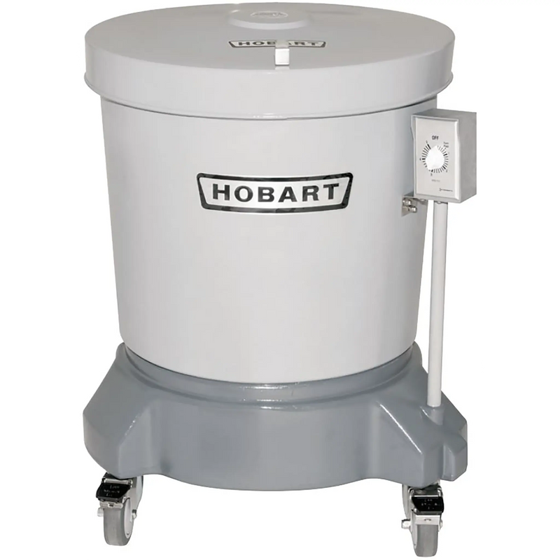 Hobart SDPS/SDPE 20 gallon electric salad spinner, white drum version with lid on grey mobile base with casters