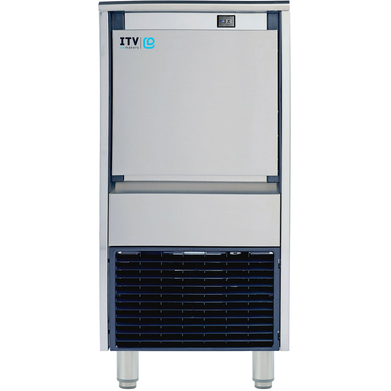 ITV DELTA NG120 gourmet ice machine with 44 lb storage bin, stainless steel cabinet with front grille, front view