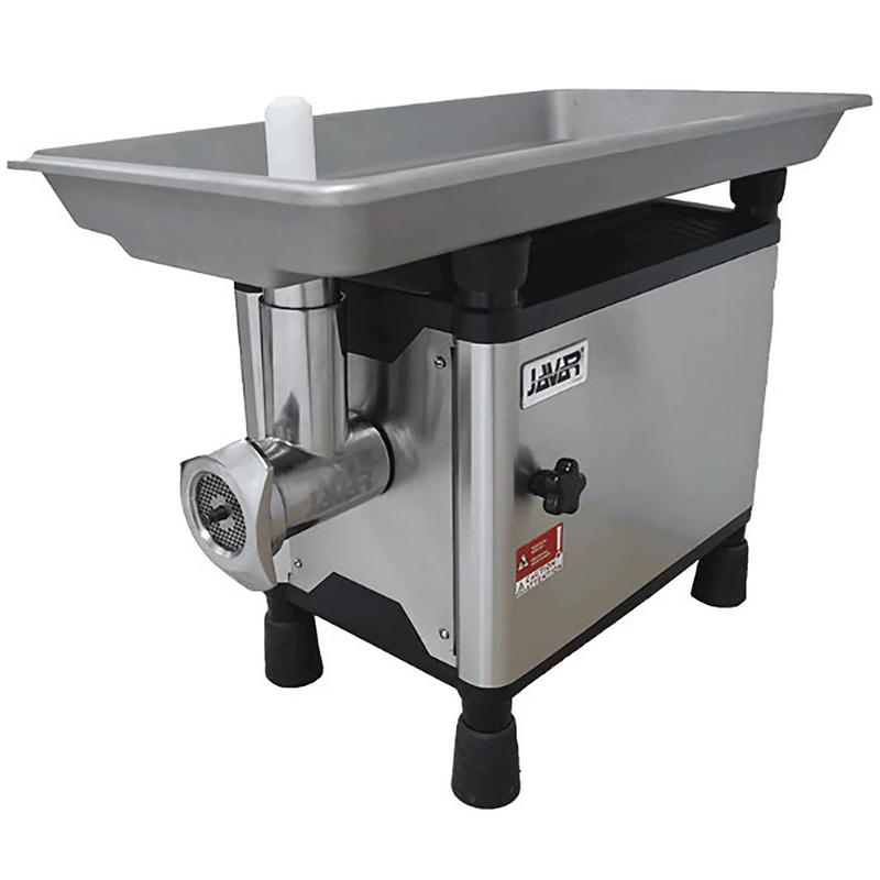 Javar MC12 size 12 electric meat grinder in stainless steel with large 27.5 x 15.3 inch feeding pan, angled view