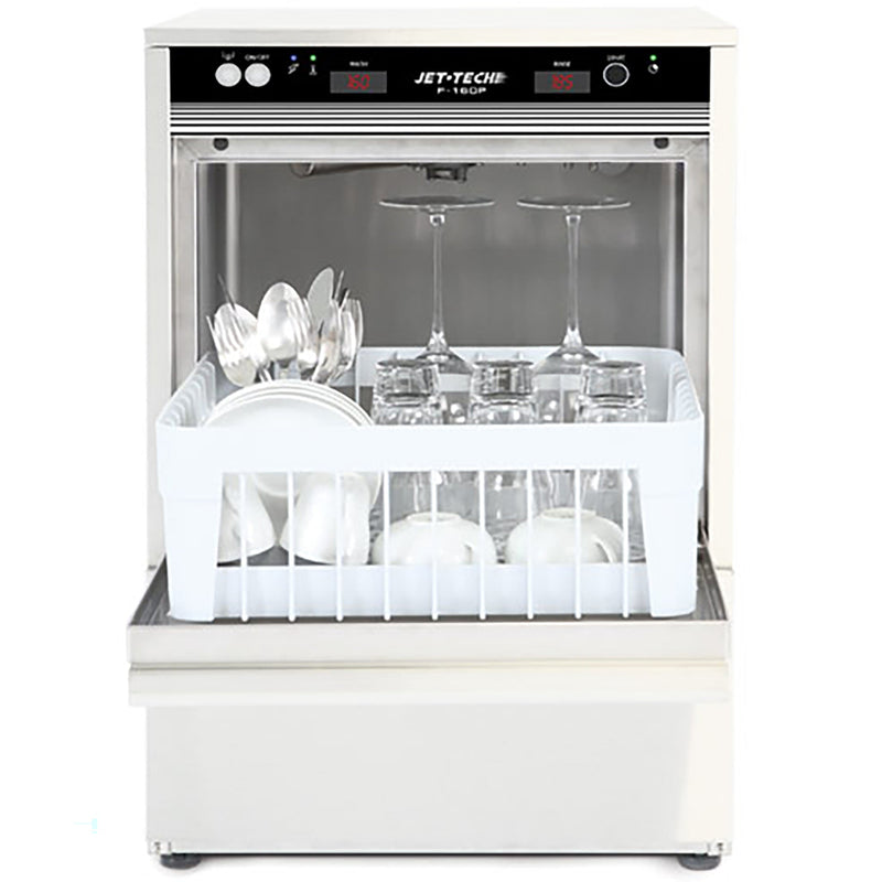 Jet-Tech F-16DP high temp undercounter glasswasher in stainless steel, door open with rack of glasses and cups