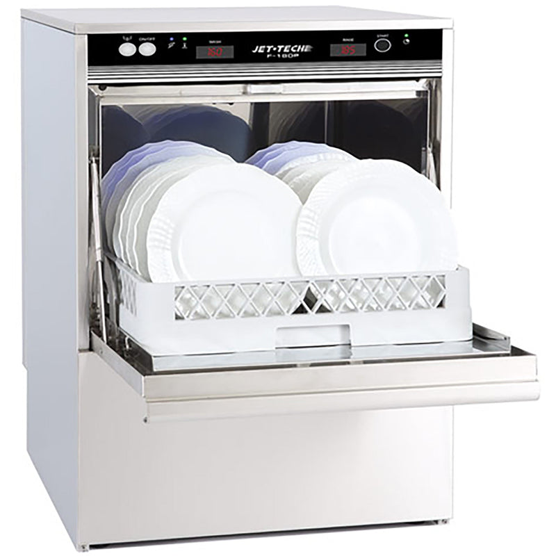 Jet-Tech F-18DP high-temp undercounter dishwasher in stainless steel, door open showing rack loaded with plates