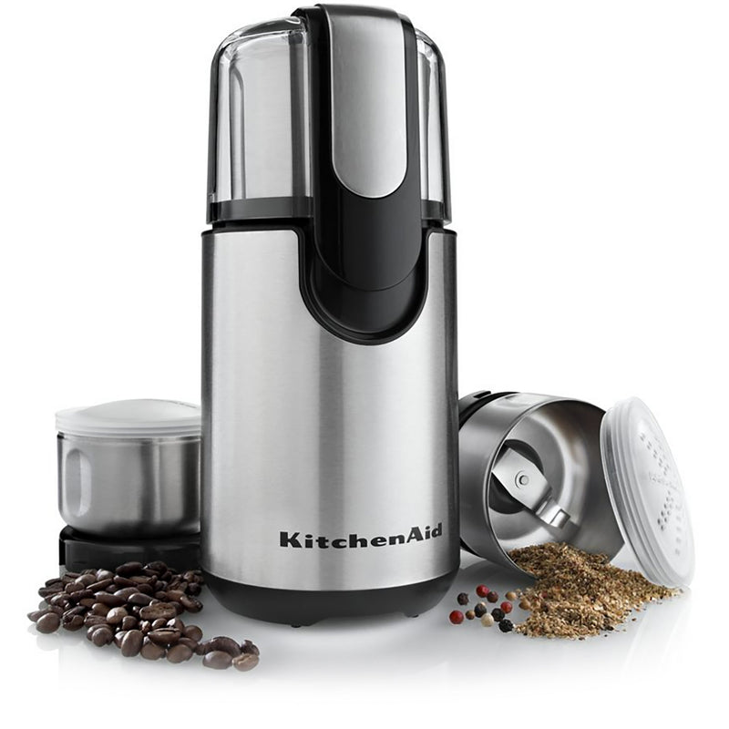 KitchenAid BCG211OB stainless steel and black coffee and spice grinder with extra bowls, beans and spices
