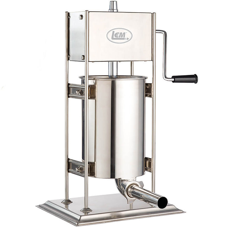 LEM 1111 Big Bite manual dual gear 25 lb vertical sausage stuffer in stainless steel with crank, front angle