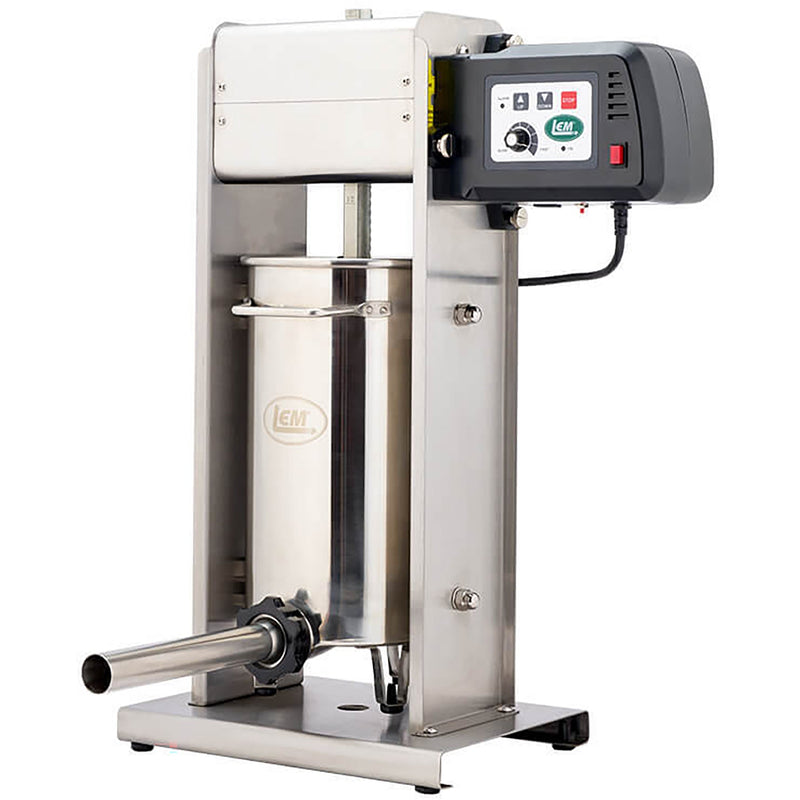 LEM 1219 Big Bite electric 20 lb vertical sausage stuffer in stainless steel with black control box, angled view