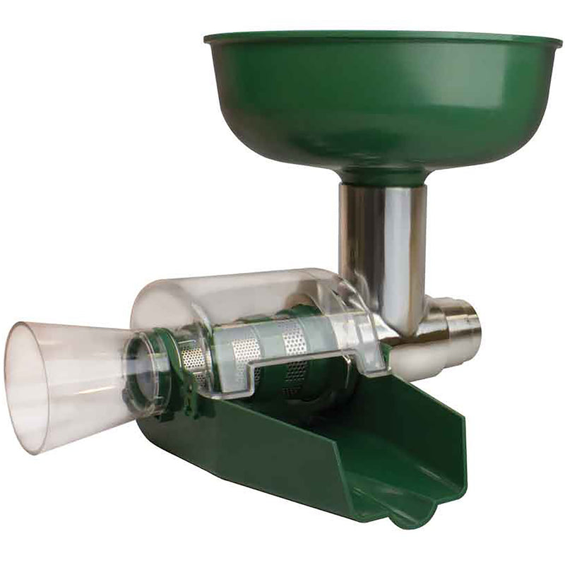 LEM 1227 Big Bite juicer attachment with green hopper, clear screen housing and green juice chute, side view
