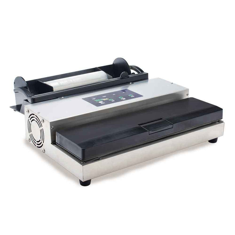 LEM 1253 MaxVac 500 out of chamber vacuum sealer with bag roll holder, stainless steel lid and black base