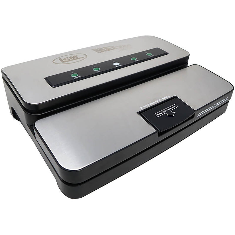 LEM 1393 MaxVac 250 out of chamber vacuum sealer with stainless steel lid, black base and handle, angled view