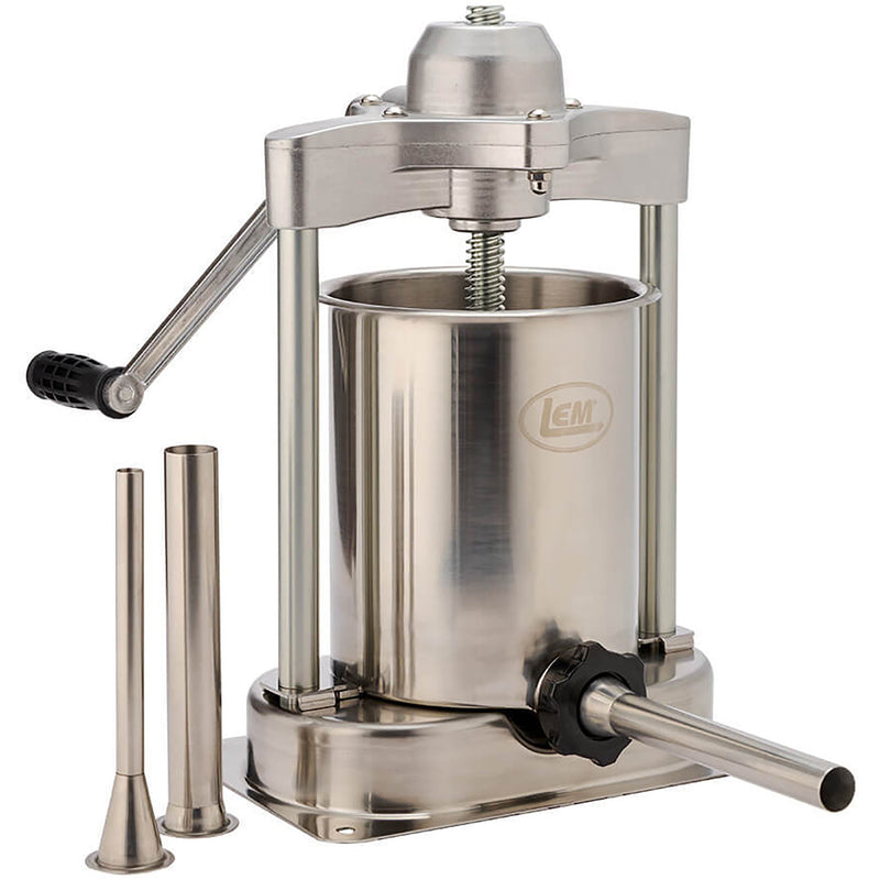LEM 1607 Mighty Bite manual 15 lb vertical sausage stuffer in stainless steel with crank handle and tubes