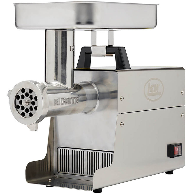 LEM 1780 size 12 Big Bite 0.75 HP stainless steel electric meat grinder with feed tray, angled front view