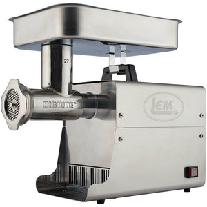 LEM 1781 size 22 Big Bite 1 HP stainless steel electric meat grinder with large feed tray, angled front view